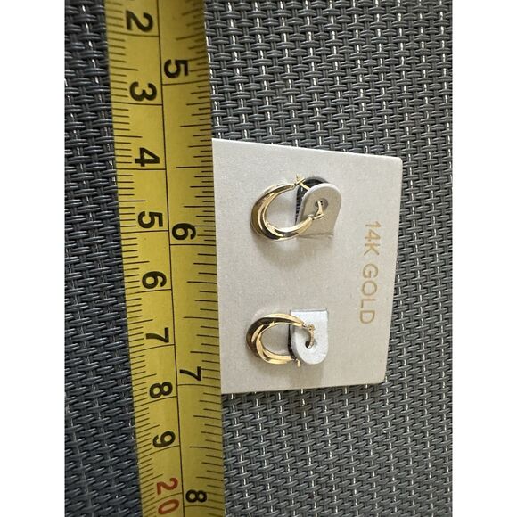 14K Solid Yellow Gold Bundle Of 2 Small Hoop Earrings Textured Dainty - Picture 9 of 12